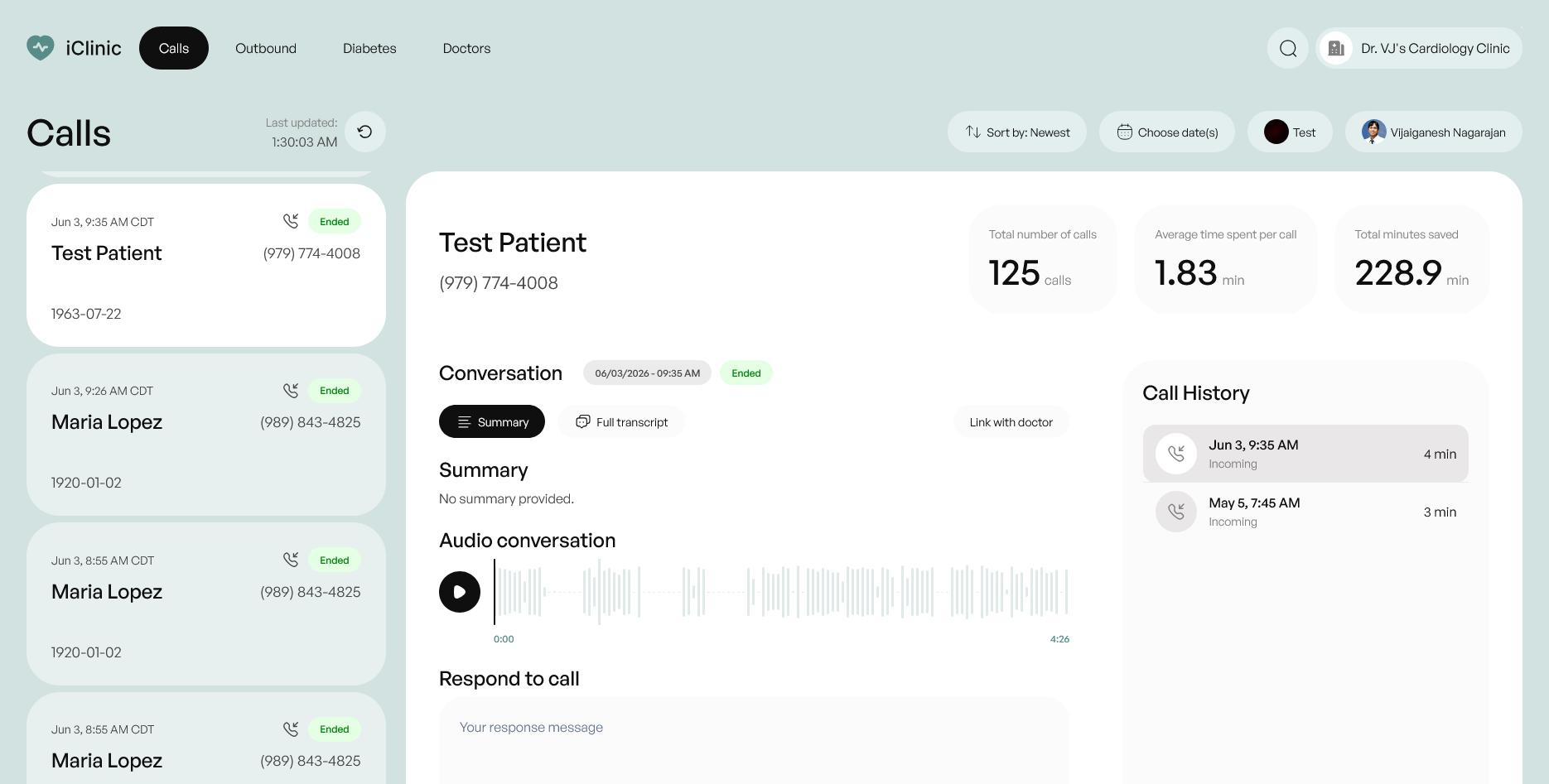 OmniAI calls dashboard showing patient call list, call summary, audio transcript, call stats, and call history for Dr. VJ's Cardiology Clinic
