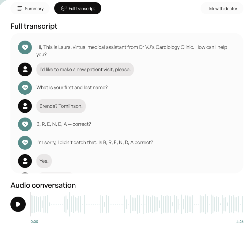 OmniAI full call transcript showing a conversation between Laura, the virtual medical assistant, and a patient booking a new visit, with audio playback